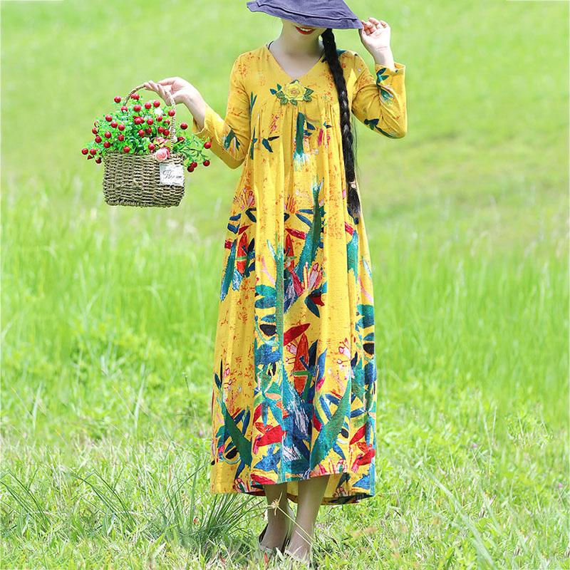 Ethnic Style V-neck Embroidery Long-sleeved Dress Bohemian Style Spring and Autumn Large Size Loose Middle Calf Length