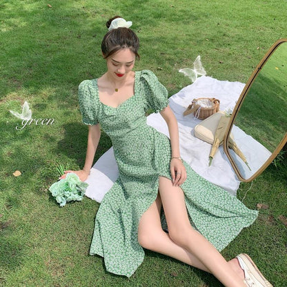 French Square Neck Floral Dress Women's Summer Style Korean Temperament Was Thin Split Puff Sleeve Skirt