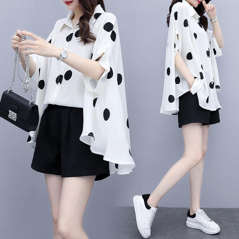 WTEMPO Polka Dot Pattern Suit Women Shirt Elastic Waist Shorts Bat Sleeves Plus Size Casual Two-piece Suit