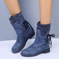 Women's Winter Warm Calf Boots Casual Snow Boots Leather and Sweater Bandage Boots Cowgirl Boots