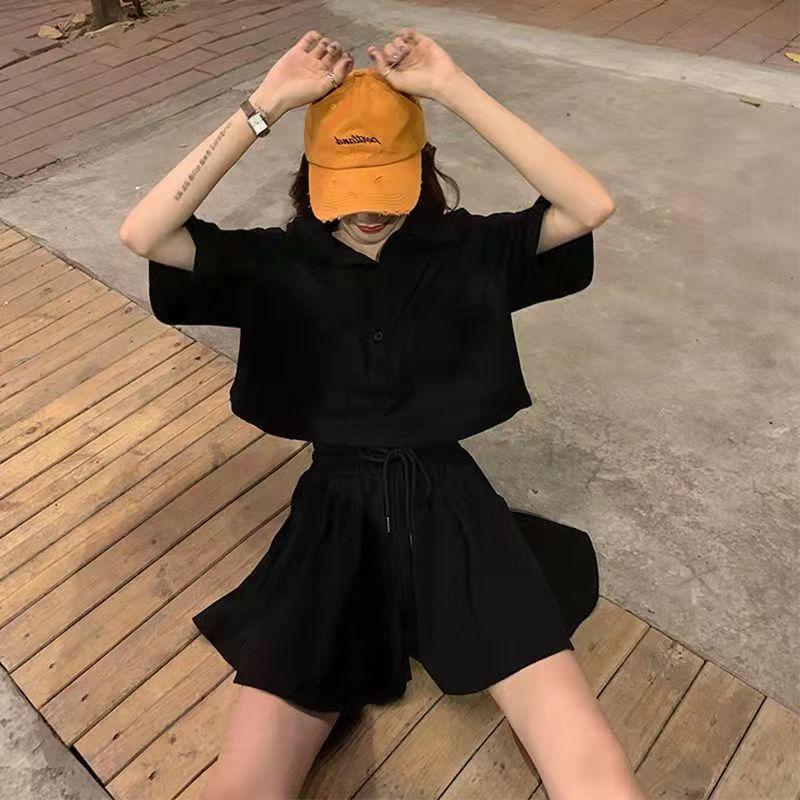 Two-piece Women's Polo Collar Workwear Loose All-match Short-sleeved T-shirt + Wide-leg Culottes Set Casual Sportswear Home Clothing