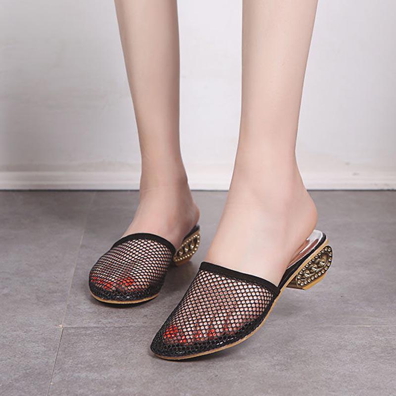 Size 35-42 Women All-match Shiny Slippers Outdoor Diamond High Heels Bohemian Beach Wear-resistant Non-slip Office Lady Lace Mesh Sandals