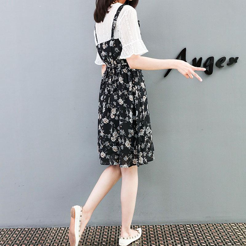 Bohemian Floral  Dress Plus Size Women Summer Slim Flare Sleeve Dress Midi Dress Fake Two-piece Dress