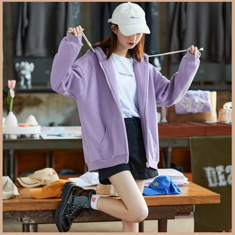 Loose Hooded Sweater Women's Autumn and Winter Coat Short Korean Version Plus Velvet Thick All-match Zipper Cardigan Casual Jacket Top Sportswear