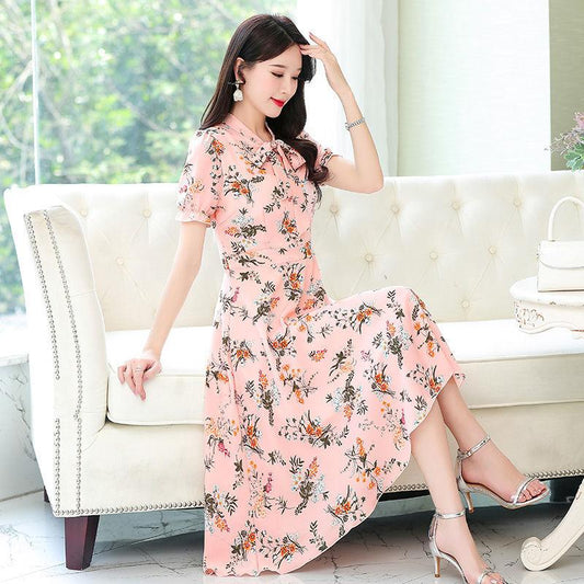 Floral Chiffon Dress Women's Mid-length Over-the-knee Waist Slimming Short-sleeved Skirt Printed Retro French Dress Chiffon Fabric