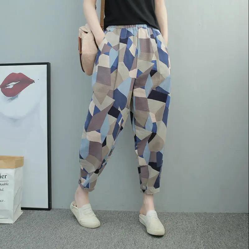 WTEMPO Geometric Haren Pants Summer Thin High Waist Cropped Casual Loose Large Size Bloomers Pants