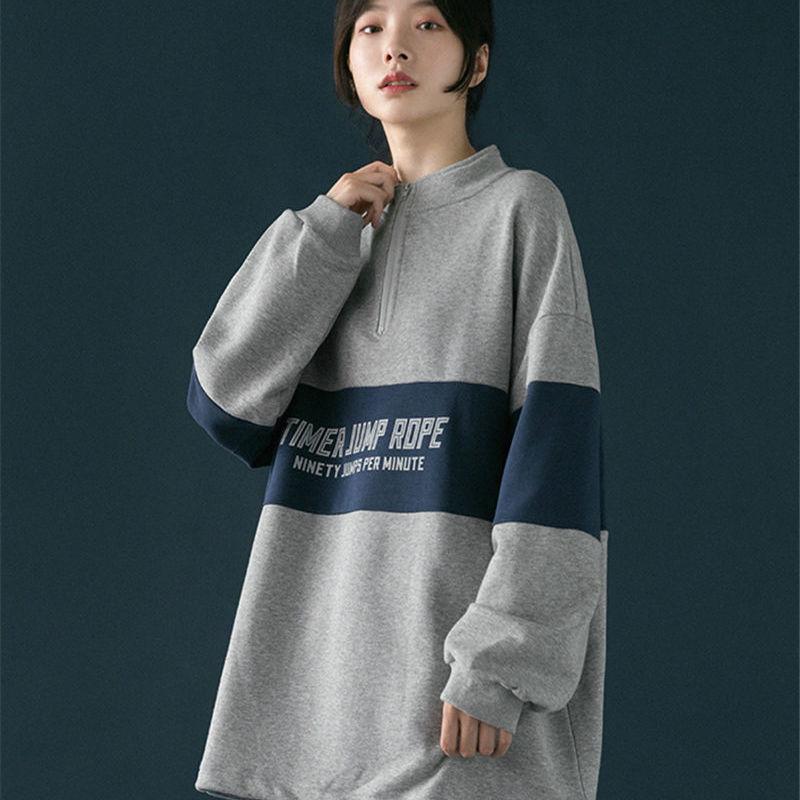 Half Zipper High Neck Sweater Women Autumn Vintage Sports Style Korean Loose Pullover Coat