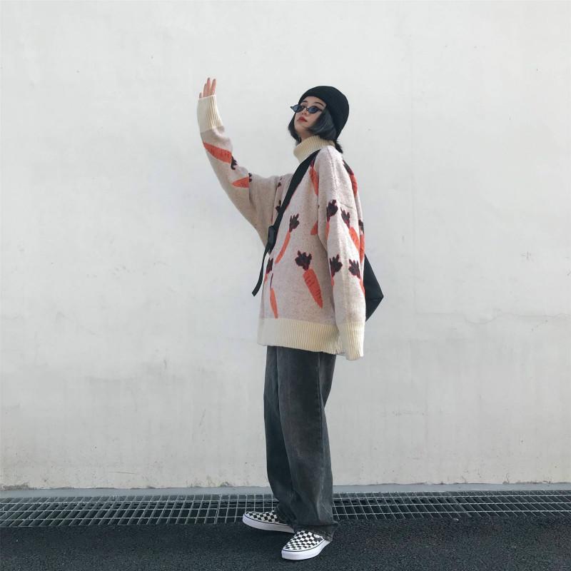 Pofulove Korean Turtleneck Color-matching Sweater Female Loose Pattern Wild Sweater Autumn Winter