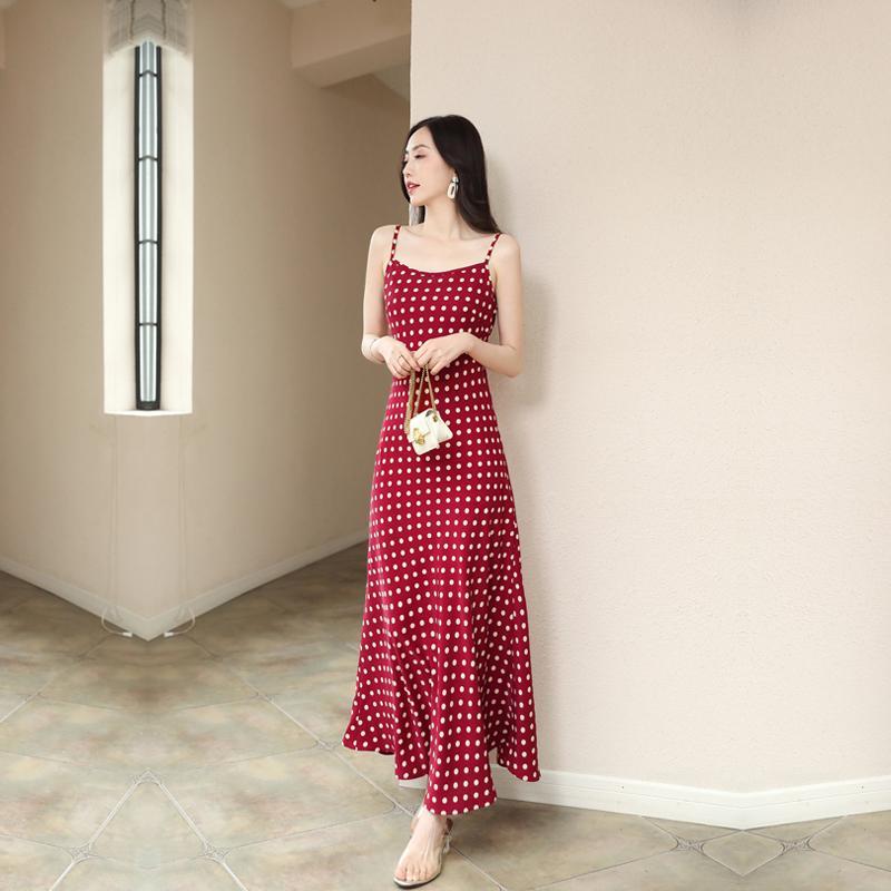 Polka Dot Suspenders Dress Women Summer Long Over The Knee  A-line Skirt