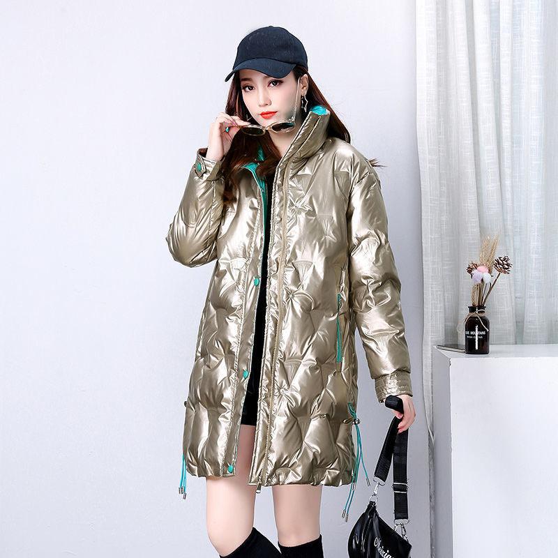 Shiny Winter Jacket Women Mid-length Stand-up Collar Thick Warm Loose  Padded Jacket Windproof Drawstring Ladies Coats