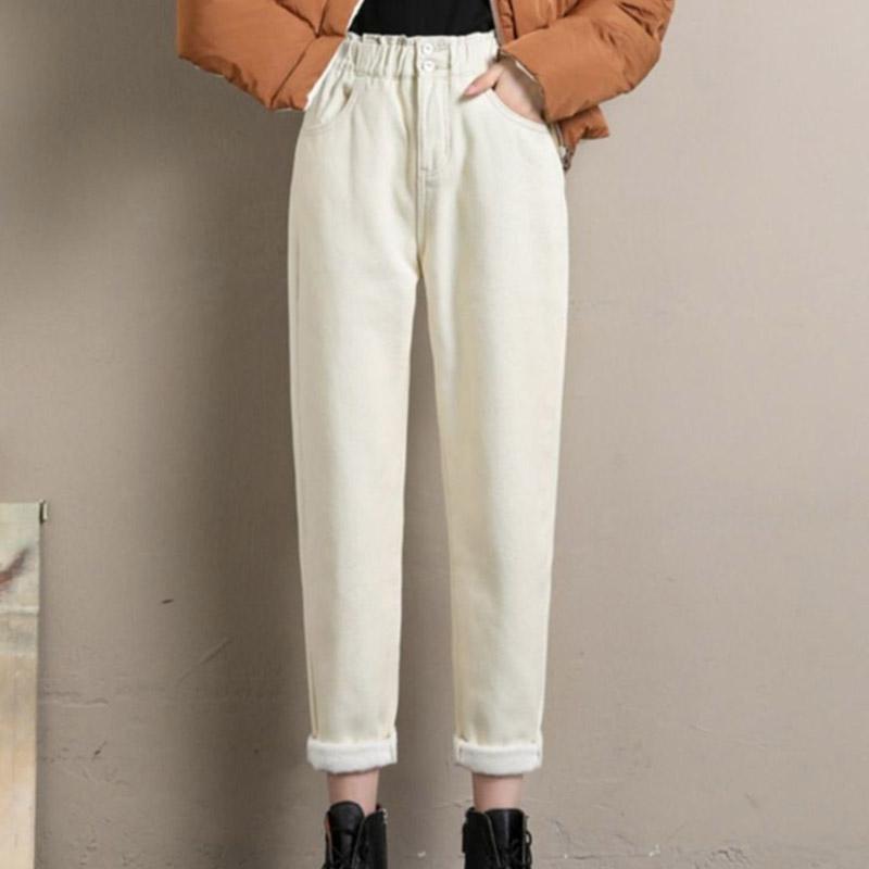 Plus Velvet Jeans Apricot Women's Trousers High Waist Winter Thin Straight Harem Pants Thickened Warmth Fashionable Loose Pants