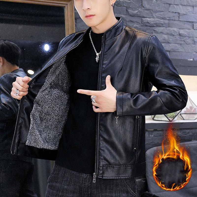 Men's Leather Jacket Trend Handsome Stand-up Collar Motorcycle Clothing Youth Autumn and Winter Plus Velvet Padded Jacket