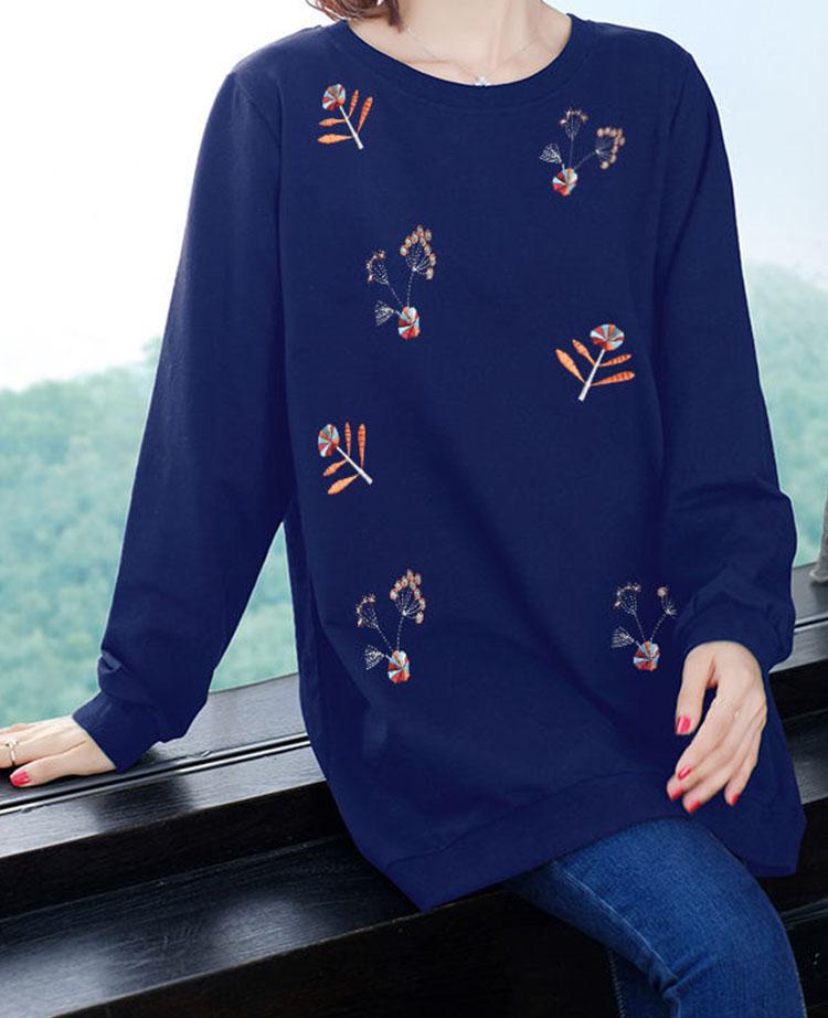Women Loose T-shirt Long Sleeve Flower Embroidery Casual Round Neck T-shirt Ladies Pullover