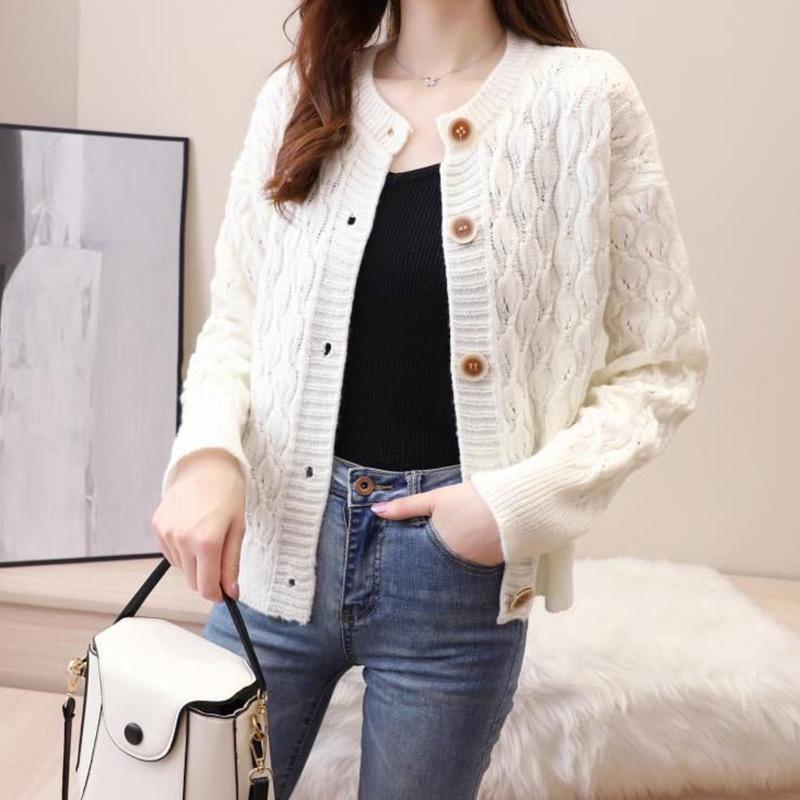 Autumn New Style Retro Design Button Twist Top Loose Short Long Sleeve Knitted Casual Sweater Cardigan Jacket Women