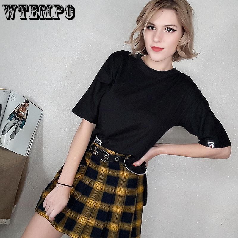 Women Skirts Cute Yellow Black Red Lattice Pleated Skirt Punk Style High Waist Short Skirt