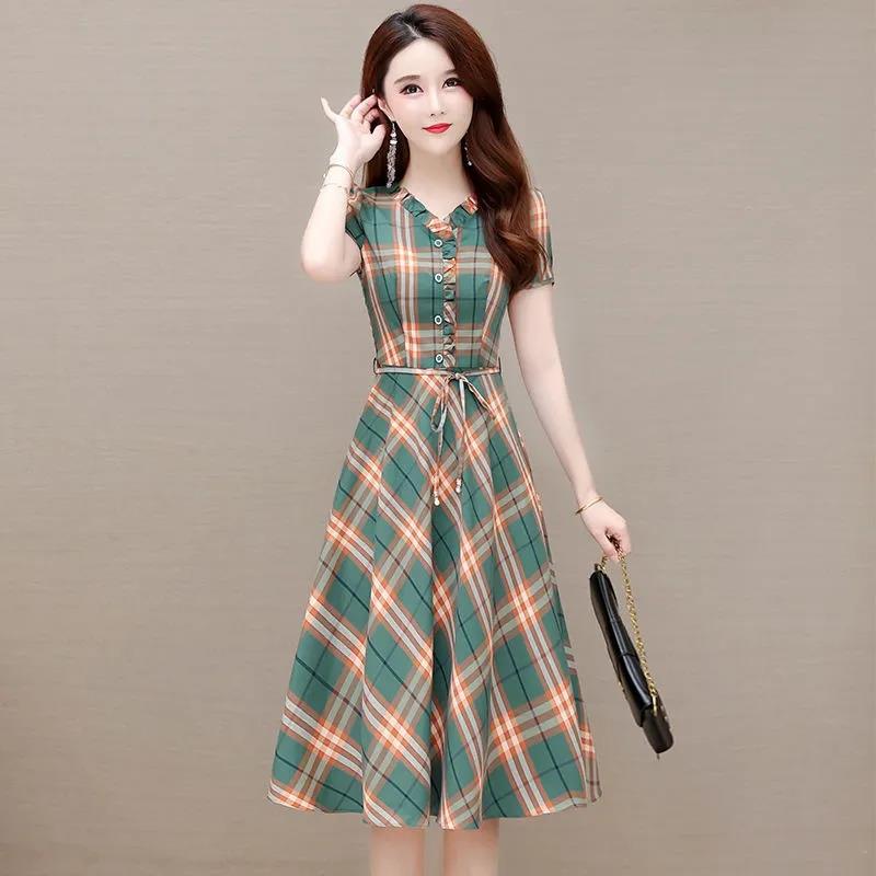 Women's Summer Plaid Dress Large Size Loose V-Neck A-Line Skirt