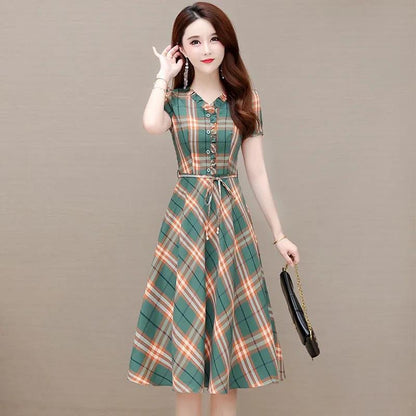Women's Summer Plaid Dress Large Size Loose V-Neck A-Line Skirt