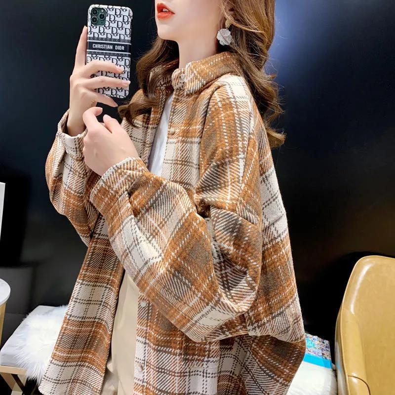 Thickened Plaid Shirt Women's Jacket Women's Spring All-match Long-sleeved Thin Top Fashion Woolen Shirt