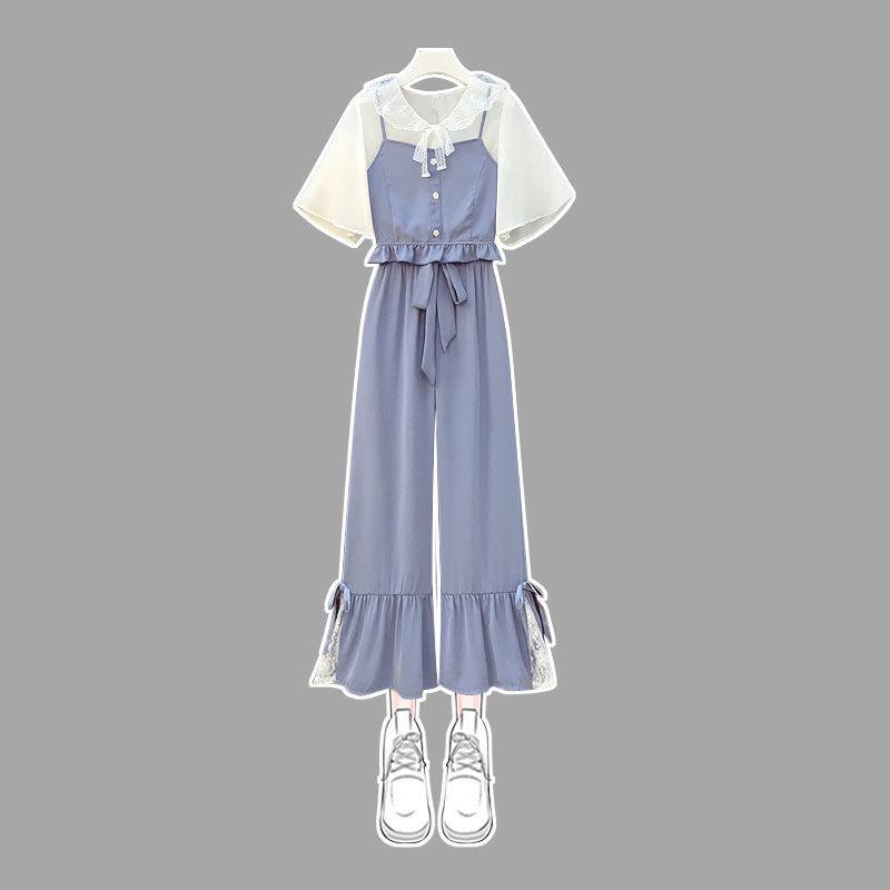 Three-piece Female Summer Loose Camisole + Chiffon Top + High-waist Wide-leg Pants Suit Sweet and Cute Three-piece Lady Suit