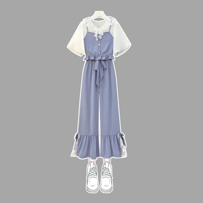 Three-piece Female Summer Loose Camisole + Chiffon Top + High-waist Wide-leg Pants Suit Sweet and Cute Three-piece Lady Suit