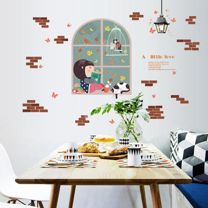 [Wall sticker] diy fake window cat girl wall stickers for children's room girls bedroom home art dec