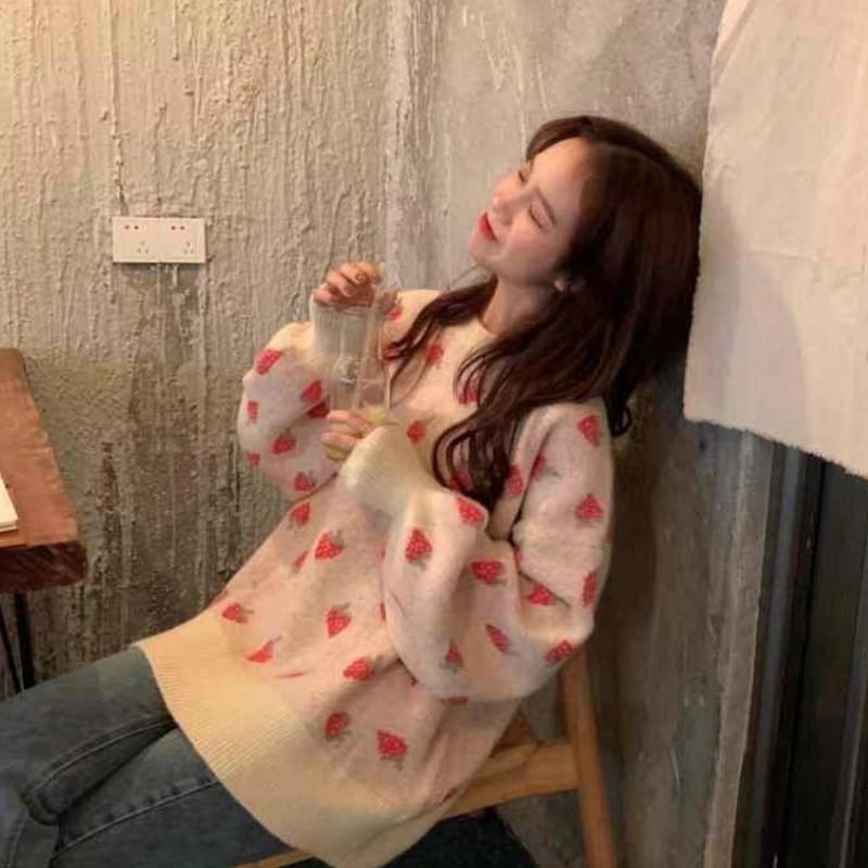 Autumn and Winter Knitted Strawberry Sweater Female Loose Round Neck Long Sleeved Sweater