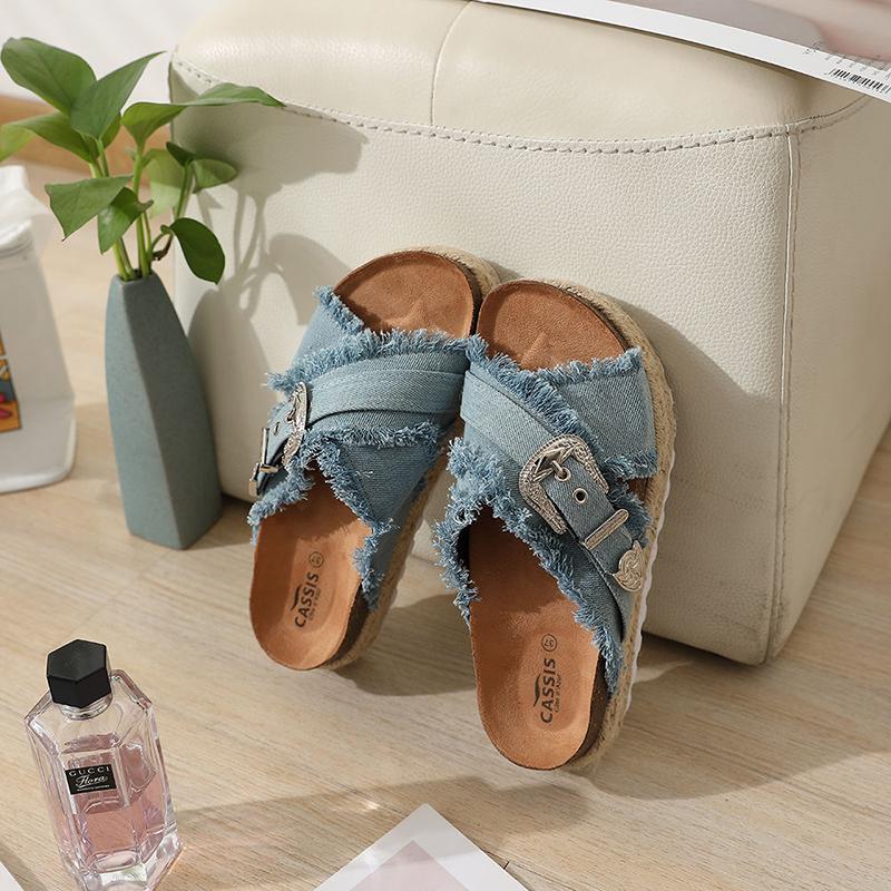 Summer Women's Shoes Handmade Hemp Rope Drag Sandals Cross Denim Increased Thick Bottom All-match Retro Popular Fashion Slippers