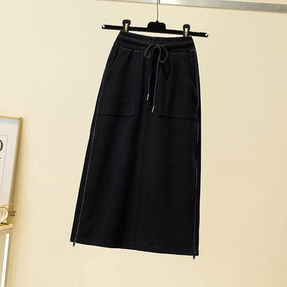 Side Slit Zipper Women Large Size Cotton Skirt with Elastic Waist A-line Skirt with Long Solid Color Sport Style