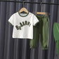 Children's Suit Summer Thin Boys' Korean Printed Letter Dinosaur Loose T Shirt Casual Pants Leggings Two Piece Set