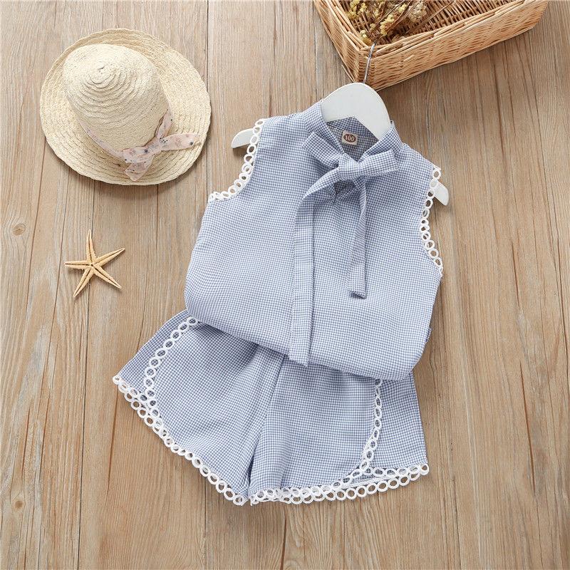 2PCS Summer Baby Girls Casual Korean Style Sleeveless Plaid Vest T-shirt Tops+Shorts Suits Costumes Set