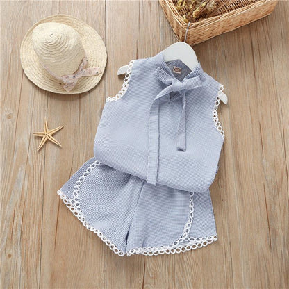 2PCS Summer Baby Girls Casual Korean Style Sleeveless Plaid Vest T-shirt Tops+Shorts Suits Costumes Set