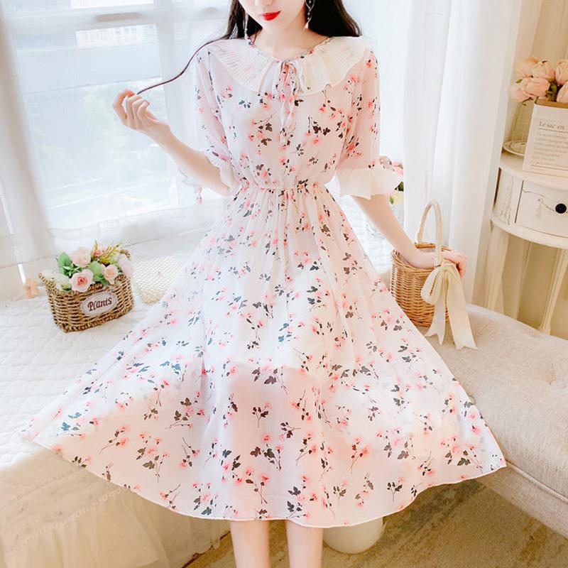 Large Size Dress Summer Mid-length Sweet and Lovely Floral Chiffon Dress Female Temperament Elegant Waist Slimming Slim Chiffon Dress