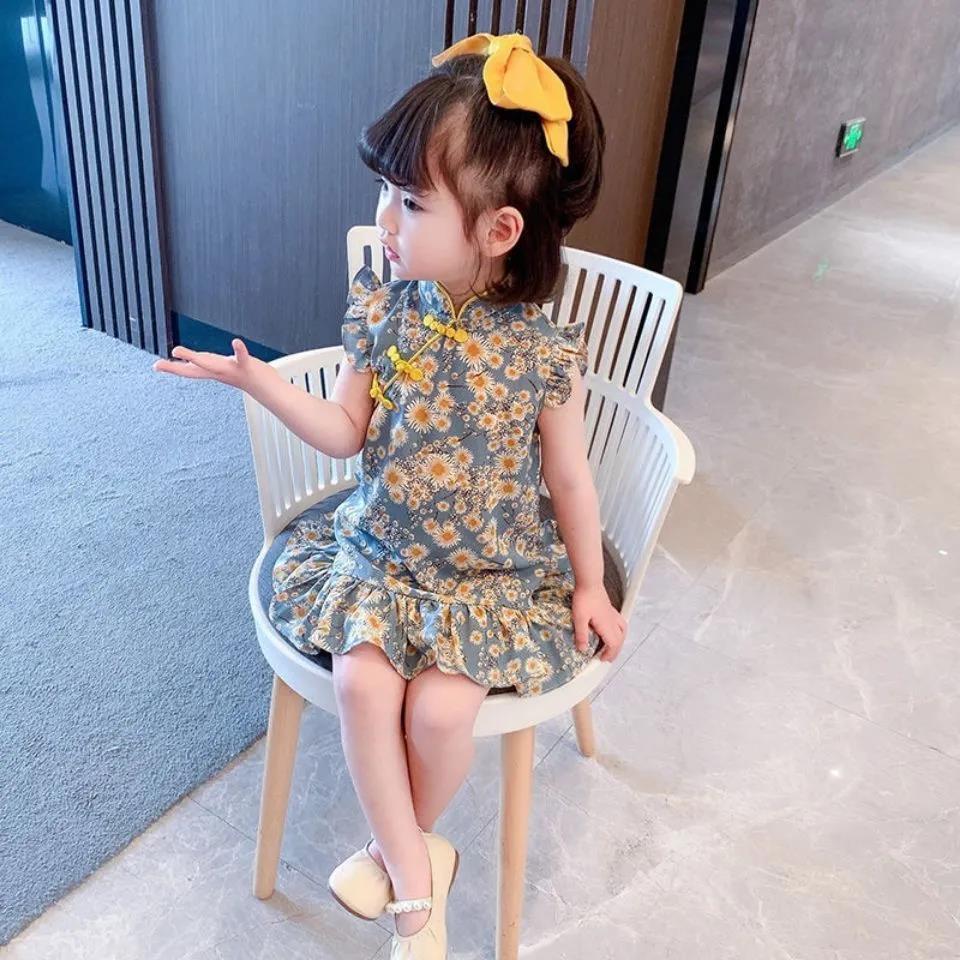 Children Dress Spring Summer Broken Flower Kids Clothing  Baby Girls Clothing Sleeveless Cheongsam Dress Girl