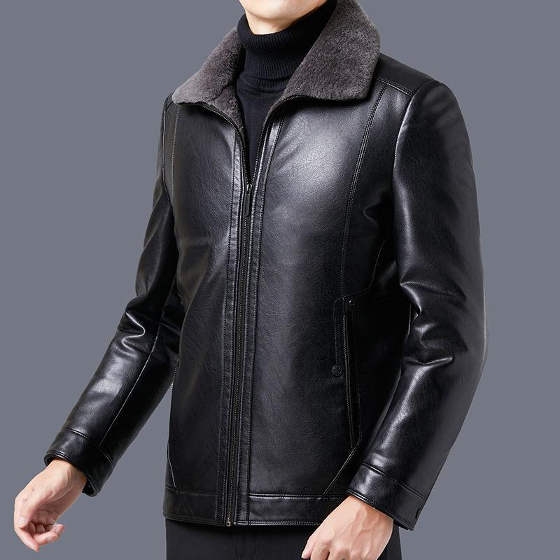 Young Men's Slim Men's Leather Jacket  Fashion Plus Velvet Thick Lamb Wool Jacket