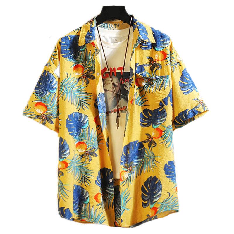 Hawaiian Shirts Beach Tee Leaf Fruit Print T-shirt Half Sleeve Retro Clothes Button Up Top Loose Overshirt Casual Male Undies