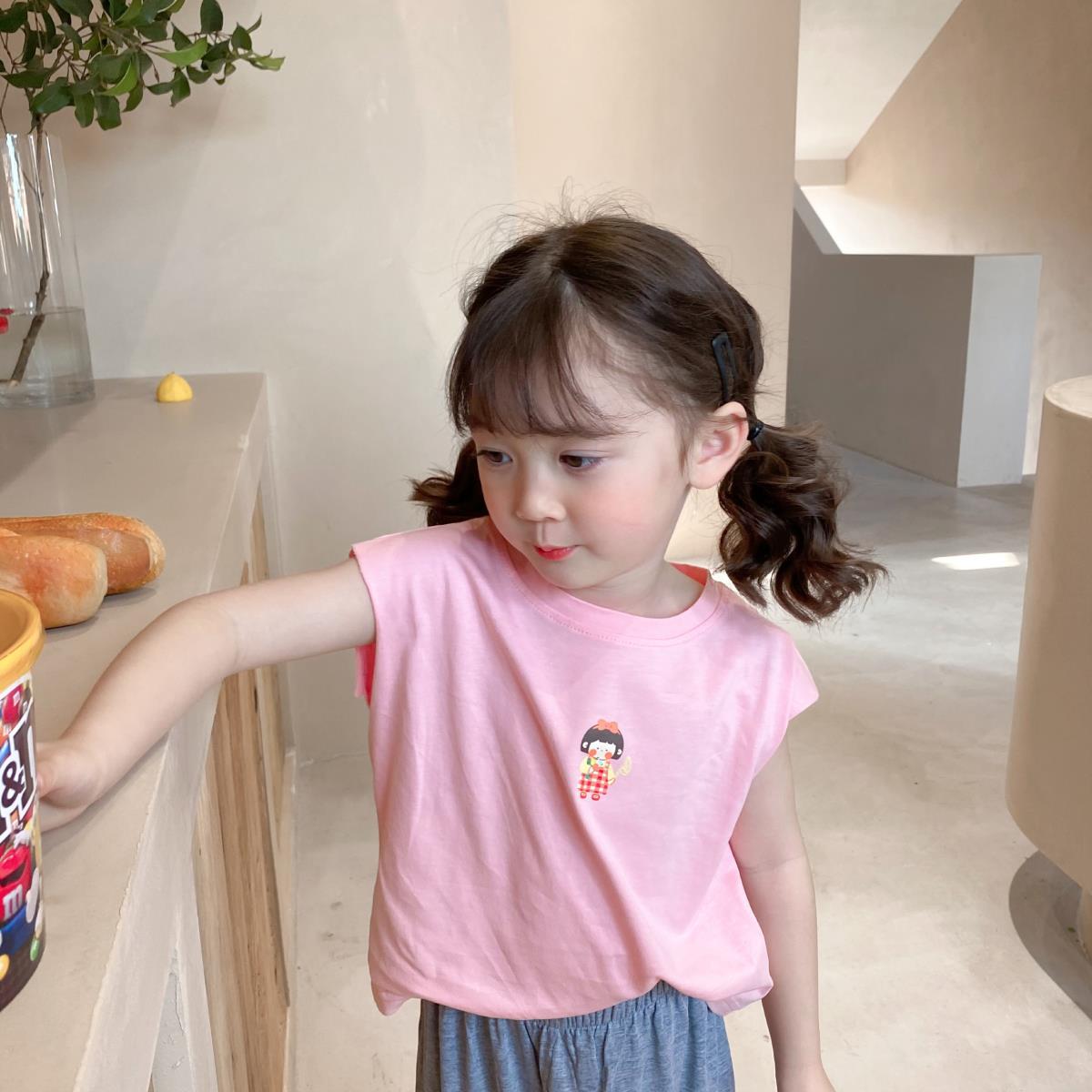 Summer Kids Cute Tops Korean Style T Shirts Girls' Short Sleeve T-shirt Open Back Printed Solid for Children Girls