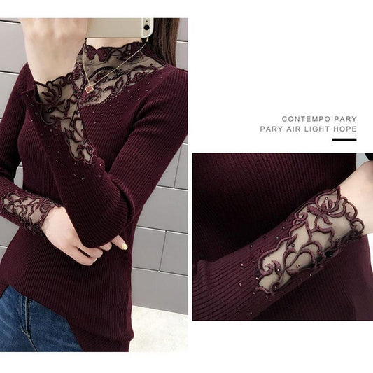Knit Sweater Slim-fit Sweater Women Autumn and Winter Fashion Outer Wear Lace Collar Bottoming Shirt Young Women Long-sleeved Top