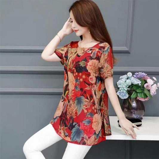 Fashion Plus Size Women's Summer Fat Mother's Clothing Printed Top Loose Cover Belly Thin Women's T-shirt