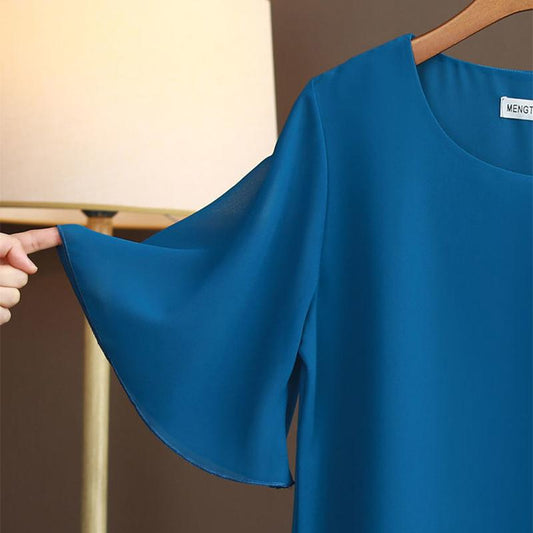 Chiffon Shirt Short -sleeved Female Summer Round Neck Loose Increase Size Top T -shirt Bottom Shirt