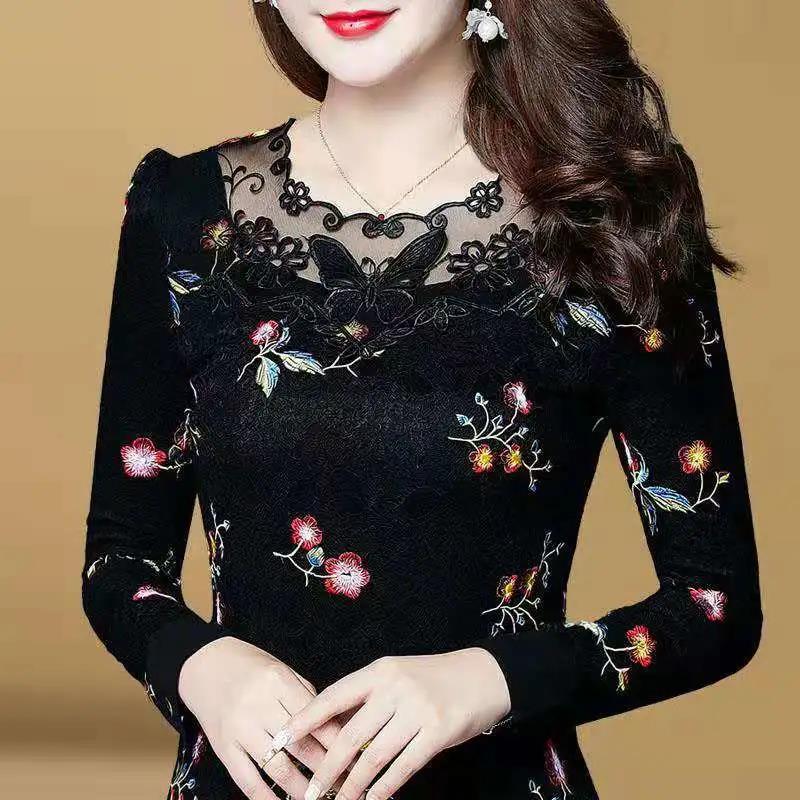 Women's Spring and Autumn Slim Print Round Neck Bottoming Shirt Top Long-sleeved Shirt
