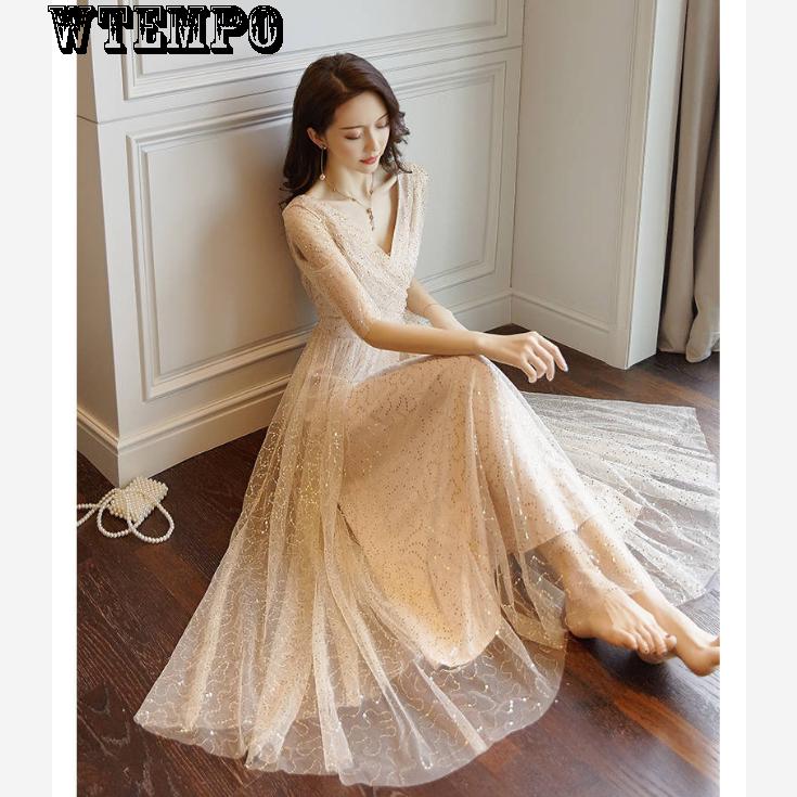 Lace Fairy Skirt Sexy Open Back Skirt Summer Dress Women Sequins Net Skirt Large Size Long