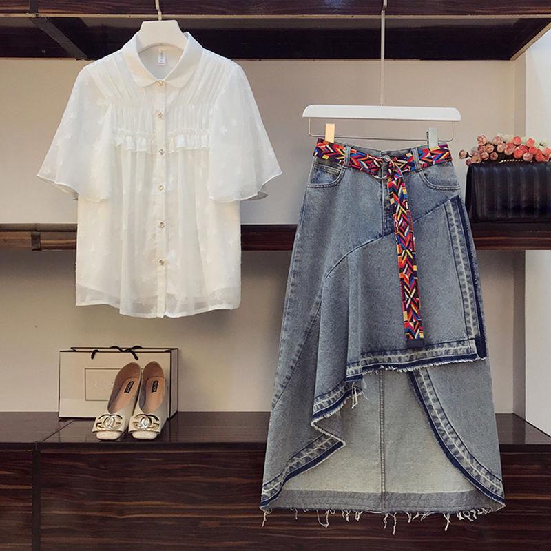 Fashion  2 Piece Set Skirt and Tops Plus Size Women Summer Pleated Short-sleeve Shirt Asymmetric Denim Skirt Two-piece Set