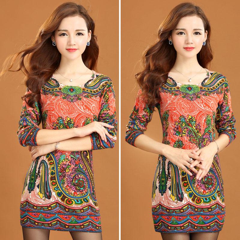 Vintage Printed Cashmere Sweater Women's Mid-length Wool Sweater Bottoming Outer Wear  Plus Size Slim Pullover Sweater Dress