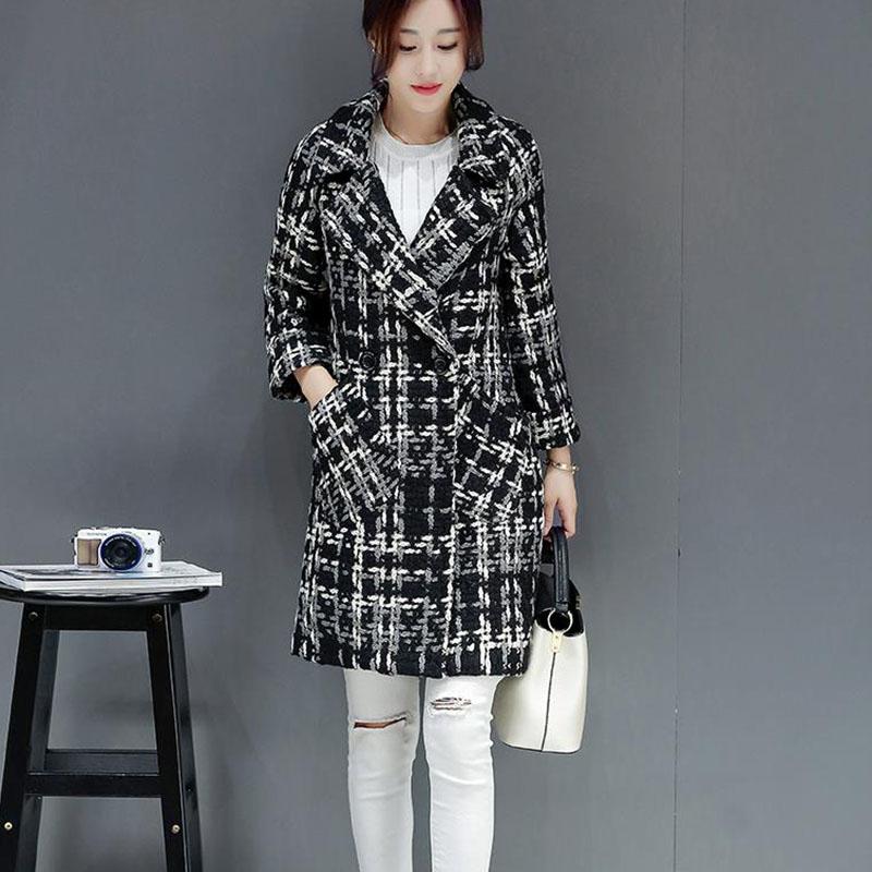 Vintage  Houndstooth Coat Ladies Plaid Imitation  Woolen Coat Long Slim and Thick Trench Coat Plus Size Tweed Jacket