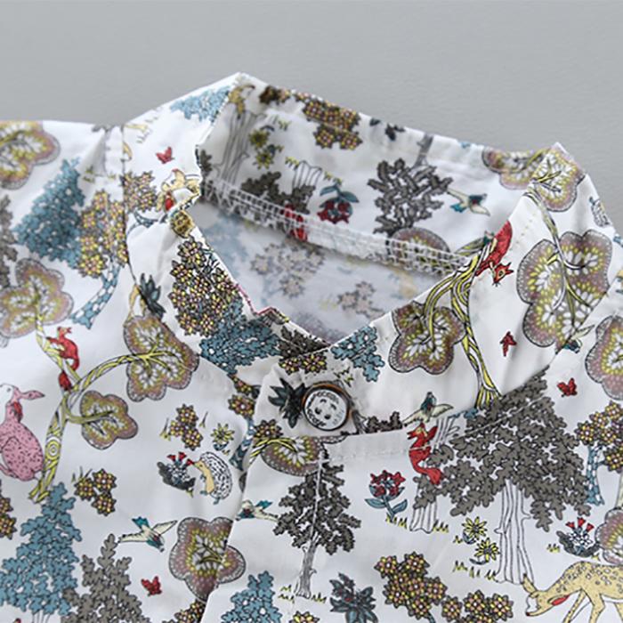 Children's Clothing Boys' Middle and Small Children's Set 1-4 Year Old Baby Stand Collar Leaf Animal Shirt Shorts Suit