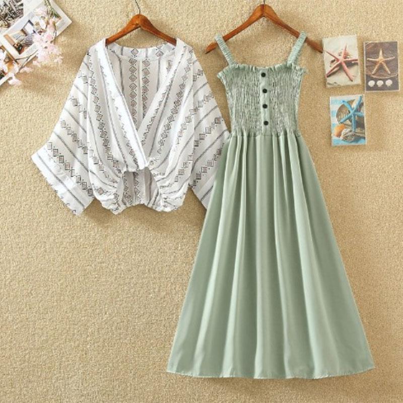 Women Plus Size 2piece Set Summer Deep V-neck Bat Blouse Strap Dress Two-Piece Set