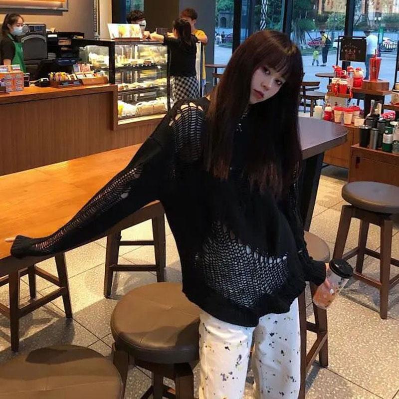 Gothic Punk Hole Sweaters Women  Streetwear Harajuku Sweaters Hollow Out Broken Knitted Jumper Woman Pullover Sweater