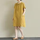 Breathable Linen Fabric Women Dress Loose Turn-down Collar Casual Loose Big Pocket Short Sleeve Buttons Dress