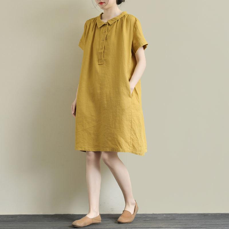 Breathable Linen Fabric Women Dress Loose Turn-down Collar Casual Loose Big Pocket Short Sleeve Buttons Dress