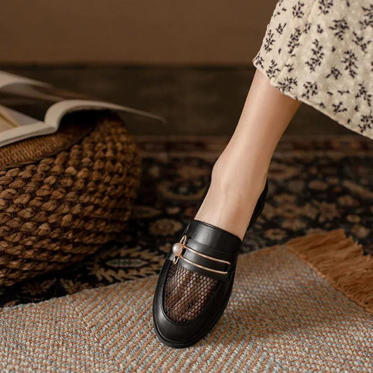 Net Shoes Leather Shoes Women's Breathable Mesh Hollow Flat-bottomed Shoes Women's Non-slip Sandals Breathable Ladies' Leather Shoes